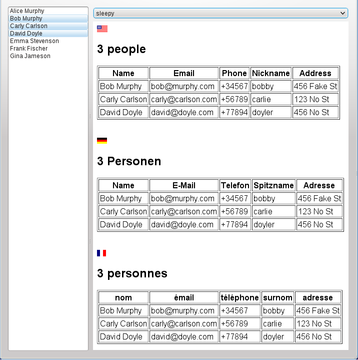 A theme showing selected contacts in localized tables