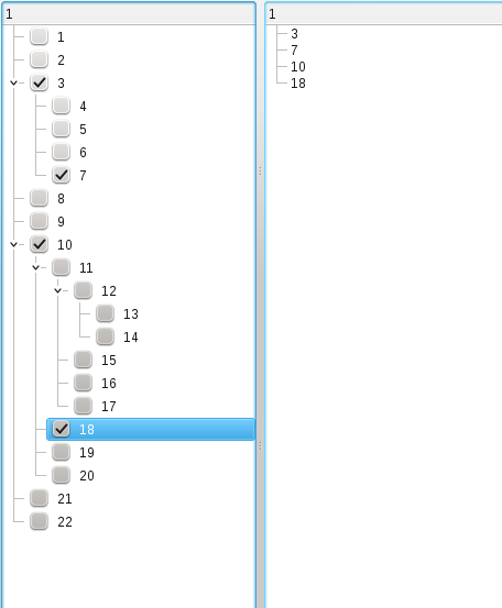 A KCheckableProxyModel and KSelectionProxyModel showing checked items